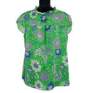 Joie Size Large L Green Floral Print Blouse Ruffle Collar Cap Sleeves New